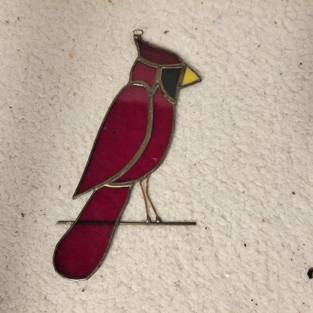 Red Cardinal Stained Glass Suncatcher Window Hanging Bird Decor 8.5 Inch